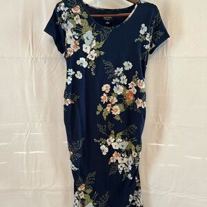 Women’s Isabel Maternity Dress Blue Navy Midi Floral Short Sleeve Ruched Size L